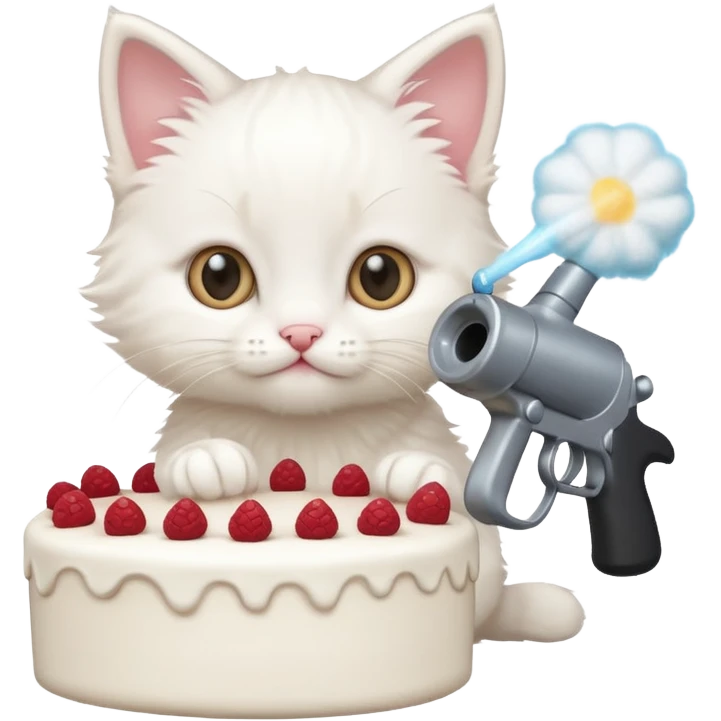 реалистичный белый котенок стреляющий из пороховой пушки тортиком emoji