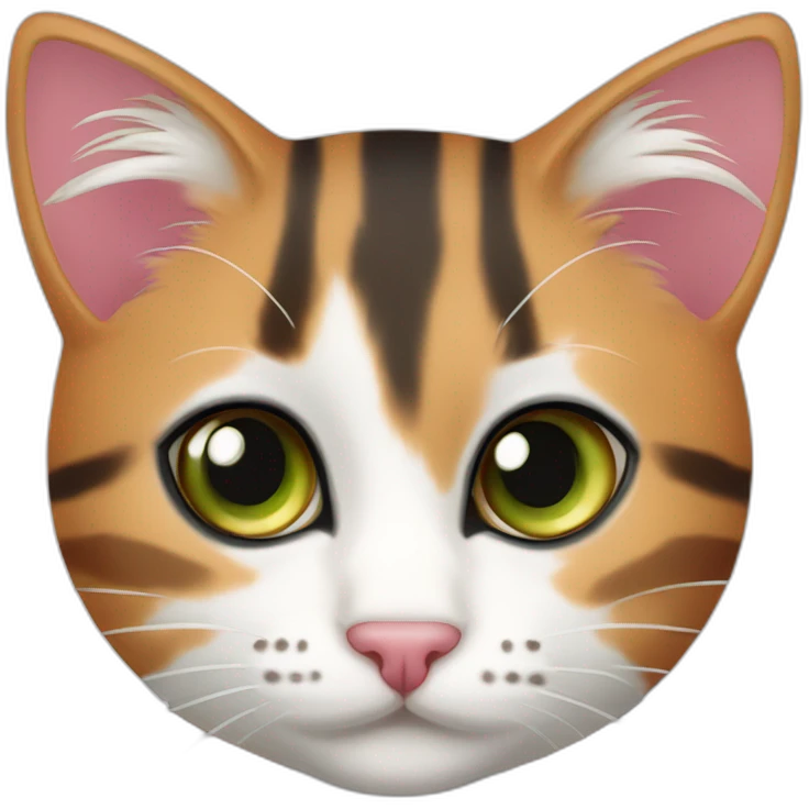 young striped calico cat face with a pink nose, white chin, green eyes, and orange/brown markings emoji