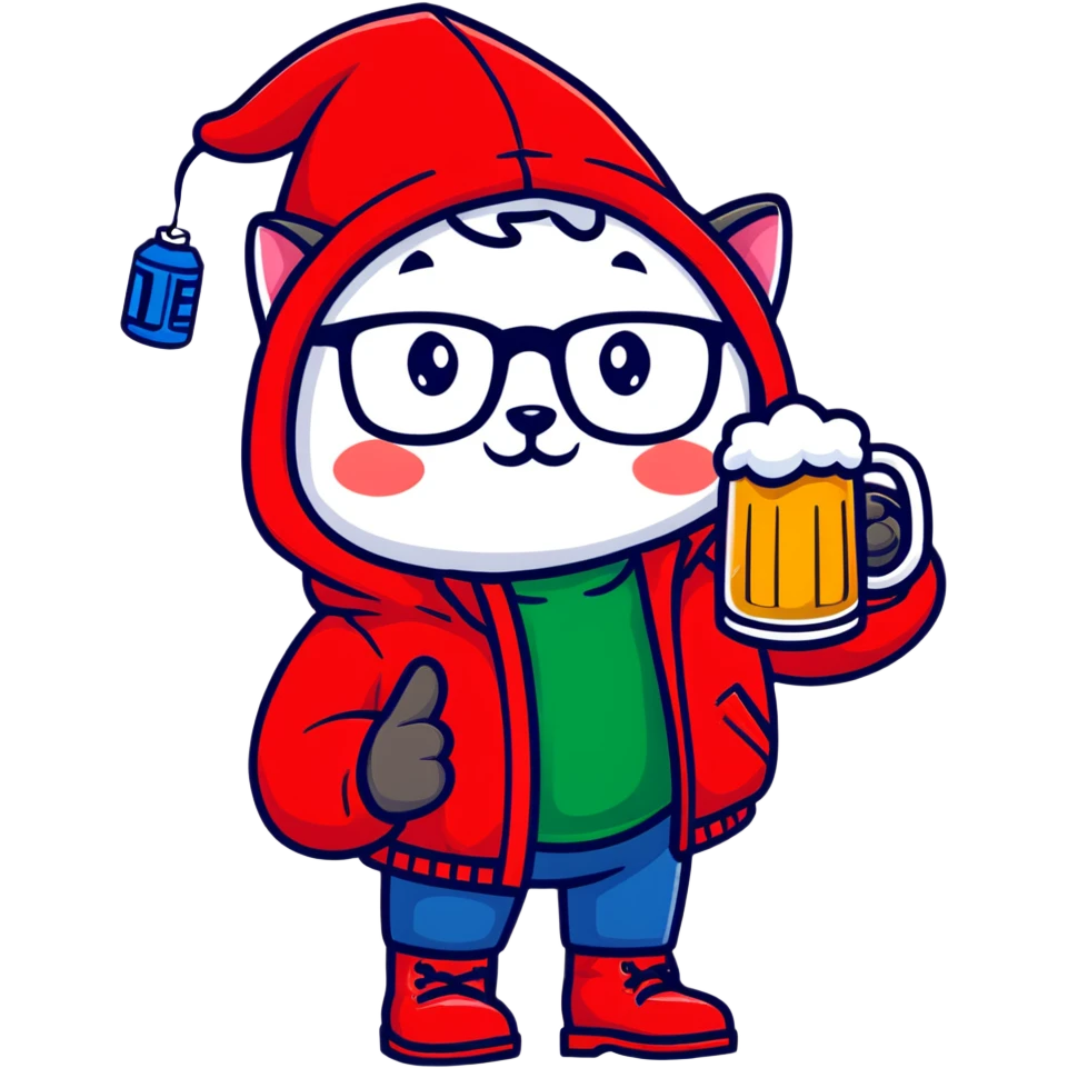 Catfish wearing a red hooded winter jacket, round glasses, blue jeans, red boots, holding a beer can with red label emoji