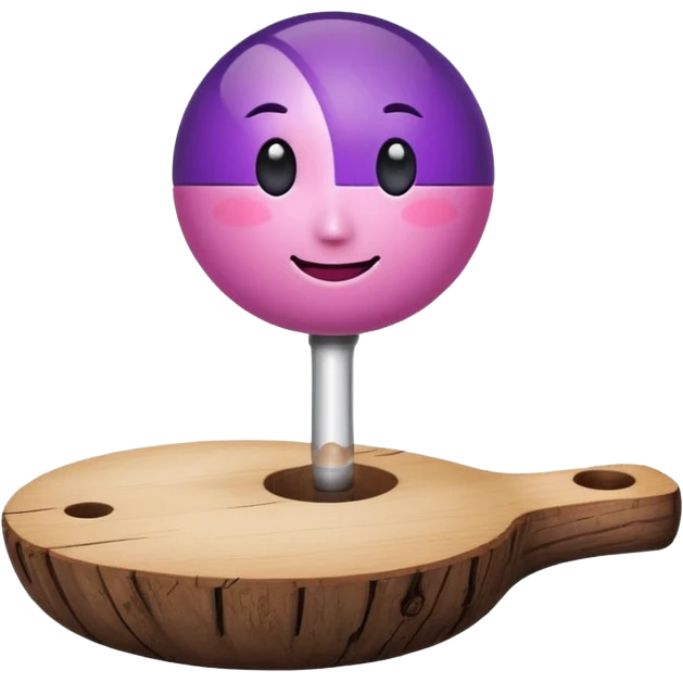 A half pink half purple ball with a face wooden stem followed by a glass stem on top of the wood stem tilted 90 degrees emoji