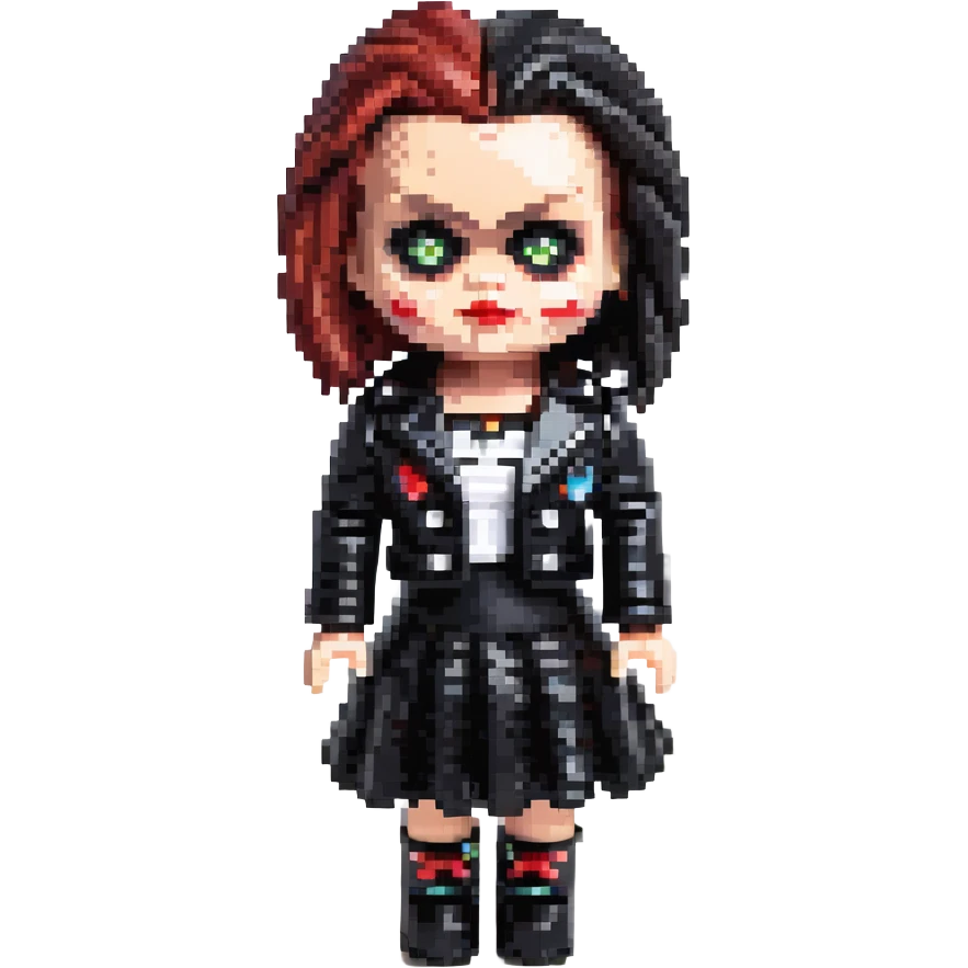 doll version of Chucky's bride in black dress, black leather jacket, heavy dark makeup emoji