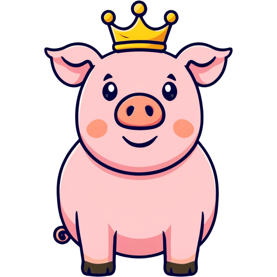 cute pig with a golden crown, chunky, colorful, simple, playful emoji