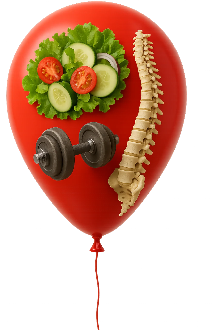 palloncino rosso con all'interno insalata, manubri da palestra e una spina dorsale anatomica realistica in 3d, isolato su sfondo bianco emoji