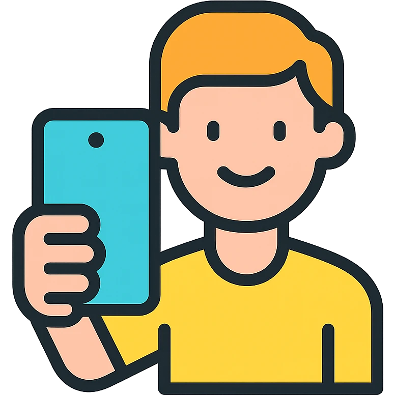 stylized selfie icon with a person, a phone, and a friendly expression, modern icon style emoji