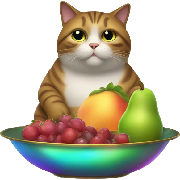 Fat Cat eating a iridescent fruit tray emoji