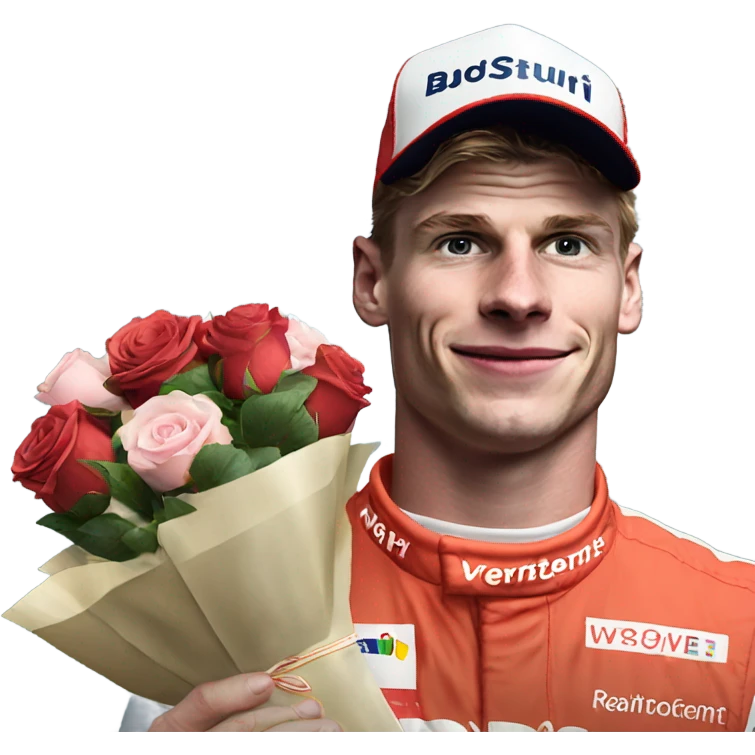 realistic photo of max verstappen holding roses and chocolates emoji