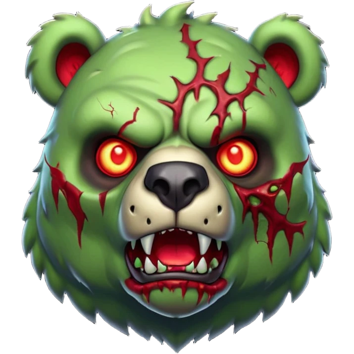 zombie bear portrait, head and shoulders only, cracked skin, stitched scars, glowing red-green eyes, powerful undead beast vibe, 3D cartoon, mobile game icon style, clean background, no text, no watermark
 emoji