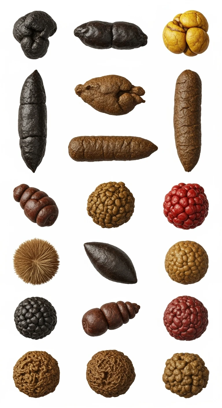 FECI DI ANIMALE VISTE DALL'ALTO DI FORMA, DIMENSIONE E COLORI DIFFERENTI, ISOLATE SU SFONDO BIANCO, IPERREALISTICA 4K emoji