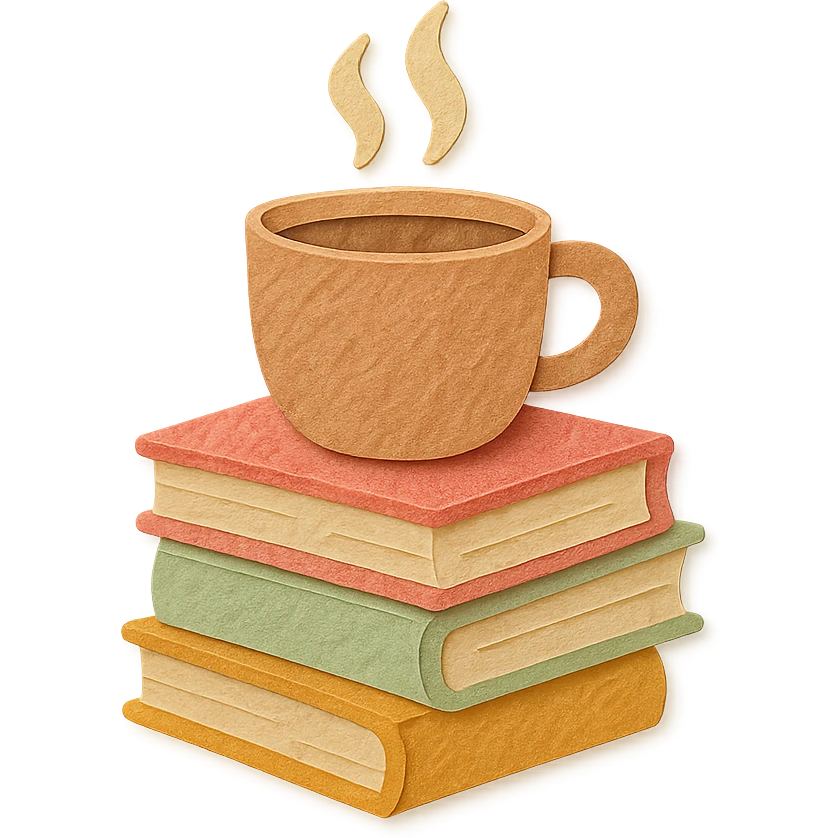 coffee cup with stack of books, cozy hand-drawn pastel style emoji