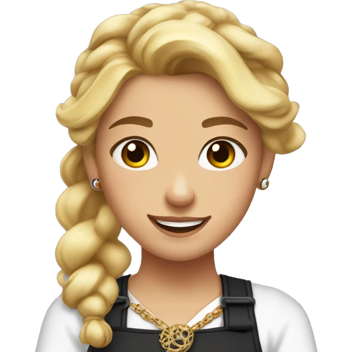 Waitress with white shirt and black apron, curly blonde hair in a pony tail, hazel eyes, lots of bohemian jewelry and bracelets  emoji