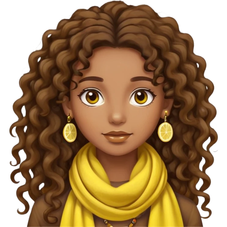 bohemian style girl, brown skin, long brown curly hair tied high, lemon yellow scarf, round earrings emoji