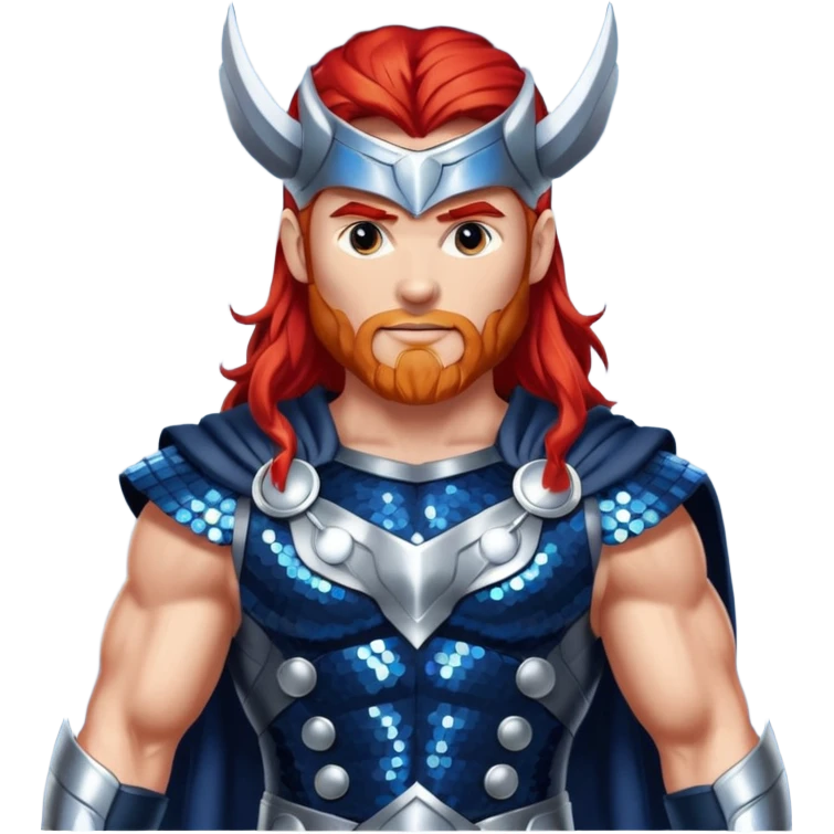 Thor, God of Thunder from Gods and Goddesses with long red hair, dark blue and silver sequin outfit emoji