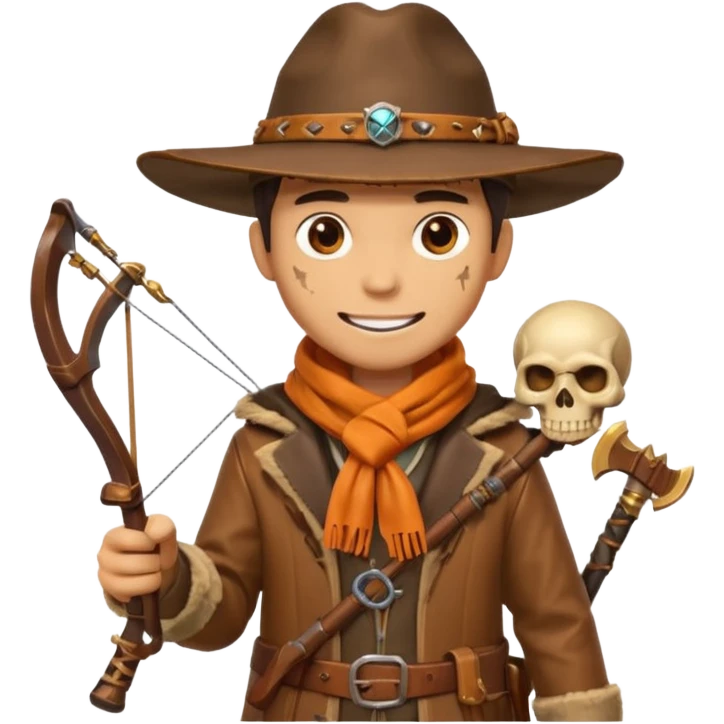 male human monster hunter emoji, wearing brown leather coat and wide hat, holding crossbow, with amulet shaped like skull, Halloween fantasy theme, confident smile, orange scarf, Apple emoji style, clean white background, square image emoji