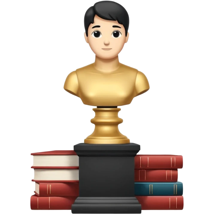 Minimalistic flat vector icon, iOS style, thin black contour on white background. Bust statue on a small pedestal next to a stack of books, symbolizing classic literature. Clean, no text, no shadows emoji