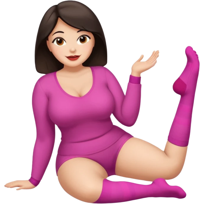 Cute curvy woman dark hair brown eyes big ass big chest skin coloured clothes socks legs up sole facing camera blushing face lip stick smile nervous emoji