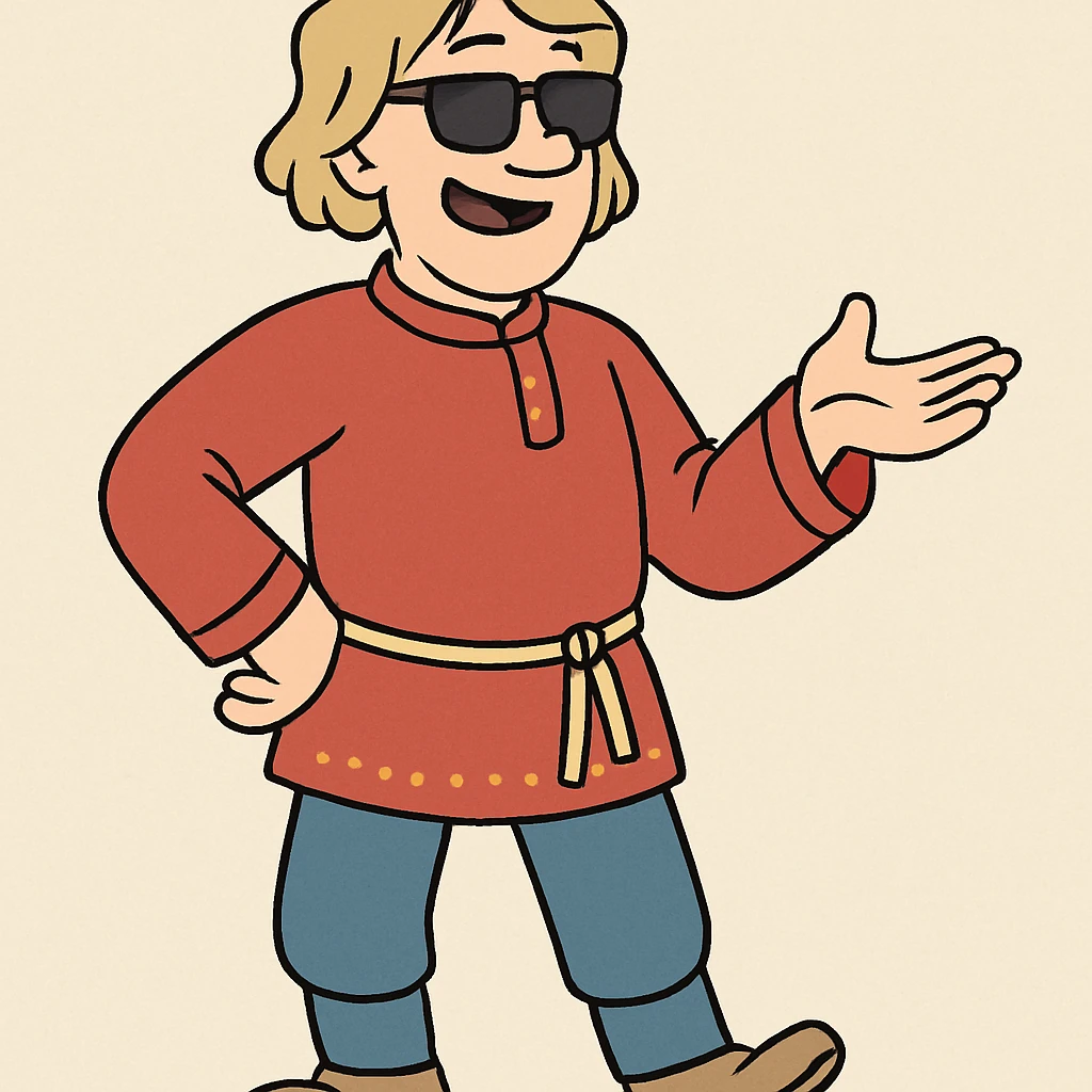 Ivan the Fool with sunglasses, relaxed pose, red shirt and blue pants, Slavic folklore vibe, cartoon style emoji