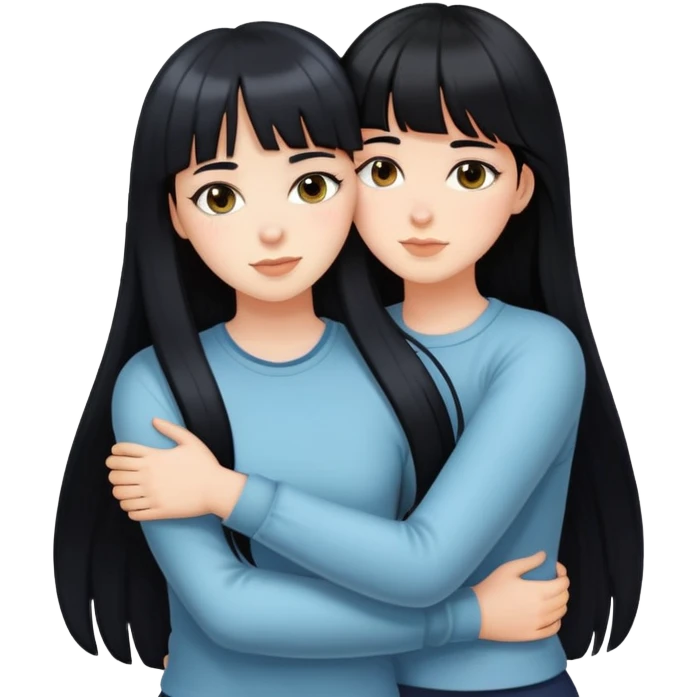 two white girls with long black hair hugging, one girl has bangs emoji