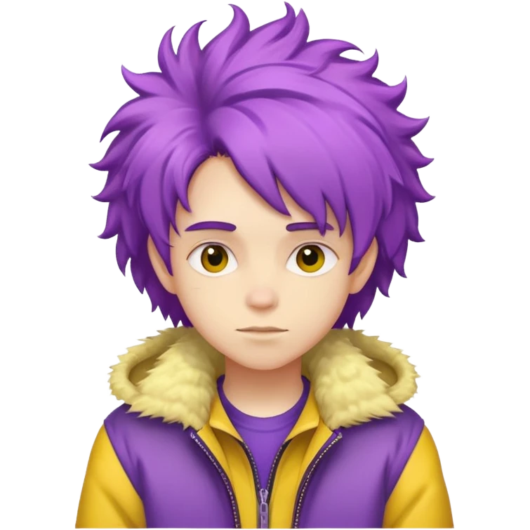 A teen with purple fluffy hair and a yellow jacket emoji
