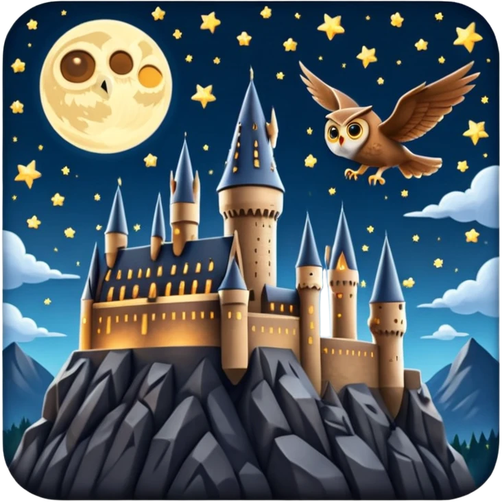 hogwarts castle on a starry night and owl flying in the air emoji