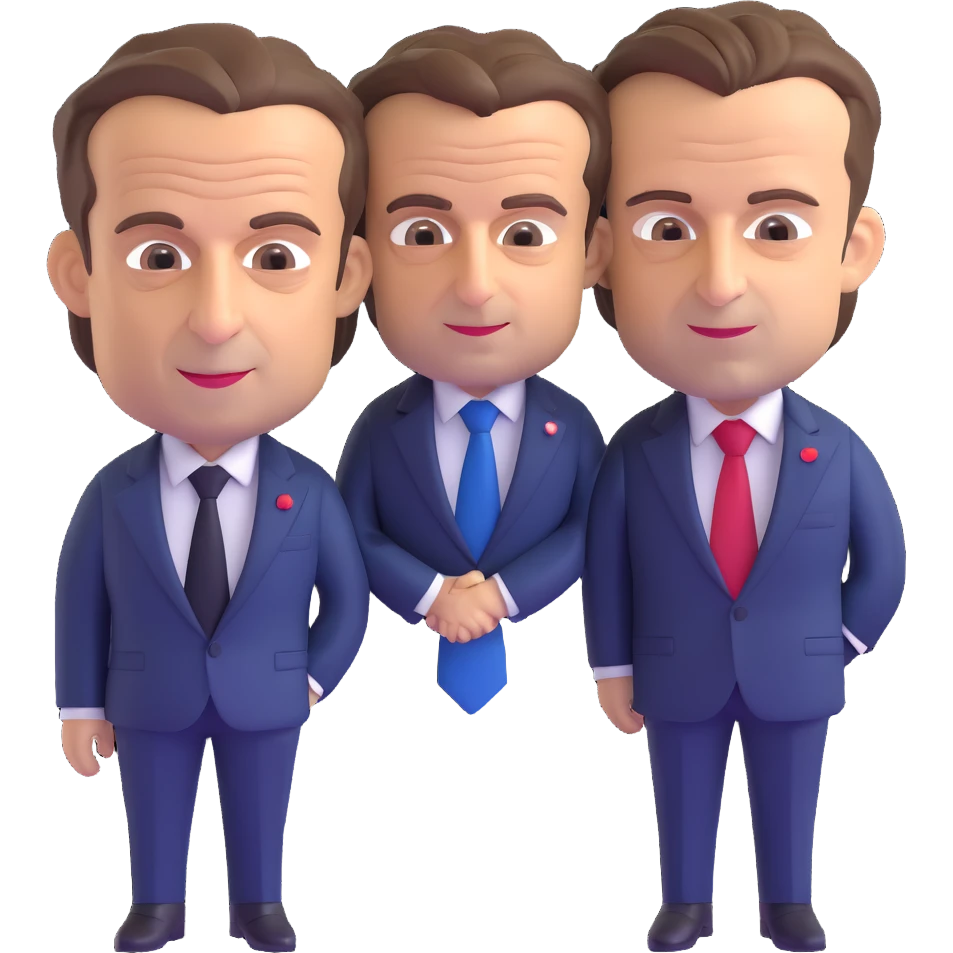 3D chibi caricature of Nicolas Sarkozy and Emmanuel Macron, standing together, oversized heads, small realistic bodies, navy suits, Sarkozy with blue tie, Macron with red tie, realistic faces, soft lighting emoji