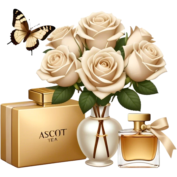 A bouquet of white Ascott tea roses next to a beige aesthetic and a brown beautiful butterfly and a gold silk ribbon and a beautiful flacon of aesthetically pleasing vintage-style perfume in pearl color emoji