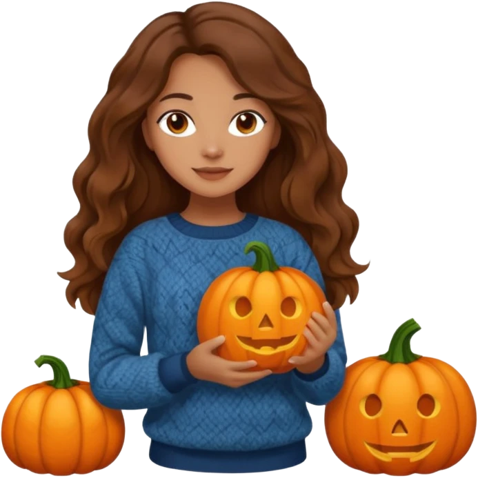 Cozy mixed girl with long wavy brown hair dressed for fall holding a pumpkin  emoji