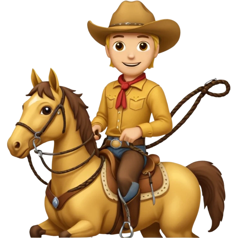 Cowboy riding a horse with whip. With yellow skin and smilling  emoji