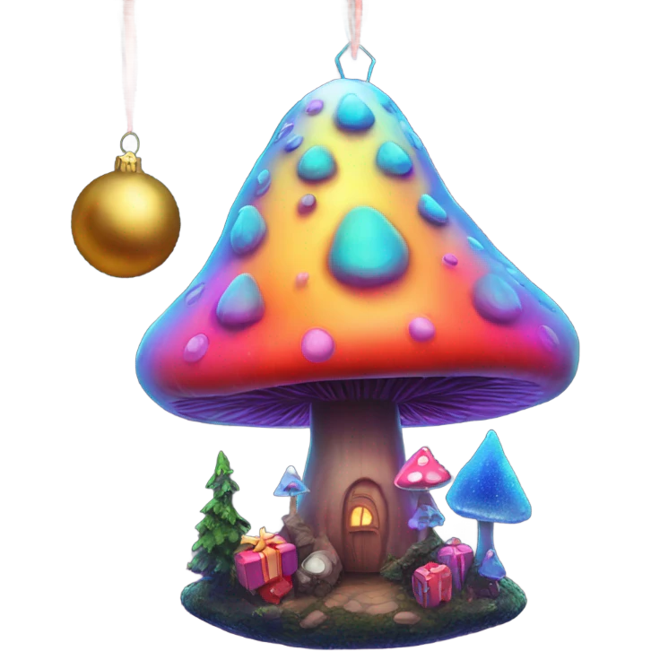 Psychedelic Christmas tree with a giant mushroom ornament emoji