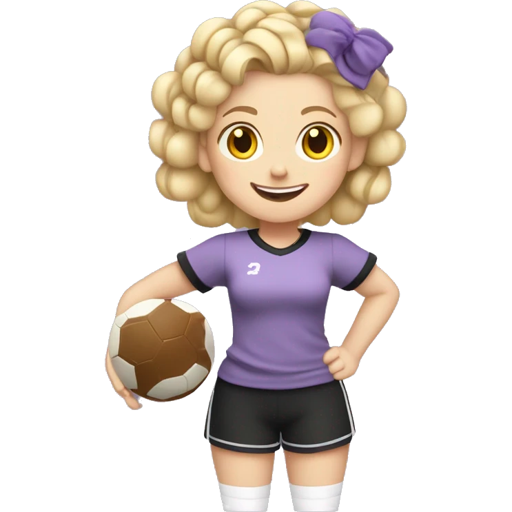 BLONDE GIRL WITH WHITE COMPLEXION WITH CURLERS PLAYING FOOTBALL SMILING WITH BRAIDS WITH LILAC AND BLACK T-SHIRT WITHOUT STRIPES FULL BODY WITH A BALL emoji