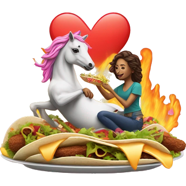 two women eating tacos, riding a unicorn surrounded, a neon heart that’s on fire emoji