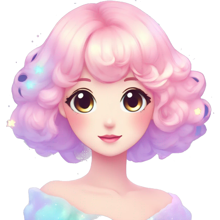 Gorgeous pastel anime style lady blushing nebula-gradient-sparkle face dreamy idol model colorful shiny stars galaxy kawaii cottagecore pearly petite simplistic aesthetic trending style emoji