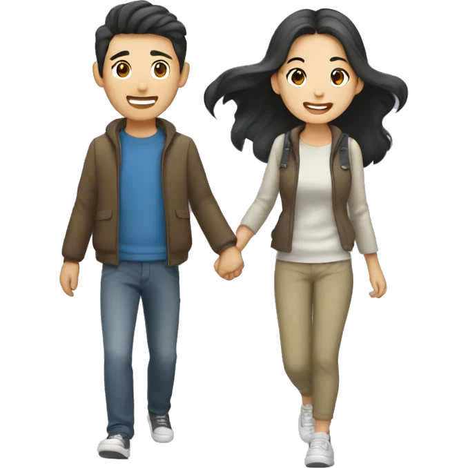 Cute Asian couple (girl with wavy long hair guy with short straight hair) excitedly traveling  emoji