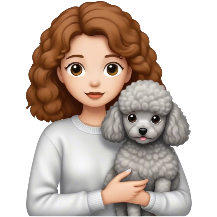 A girl with caramel brown hair holding a grey poodle emoji