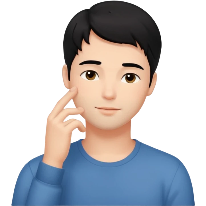 handsome guy with black hair, flushed and dreamy, gentle blush, relaxed posture, hand to cheek, romantic hints to boyfriend emoji