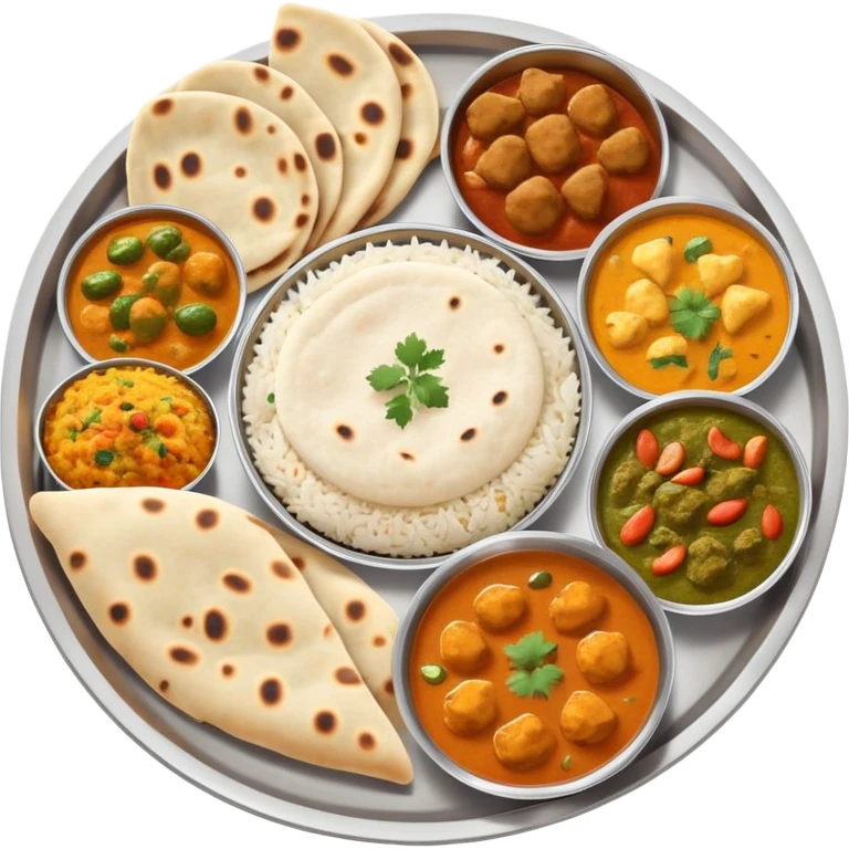 Indian food thali with curry, naan bread, and rice emoji