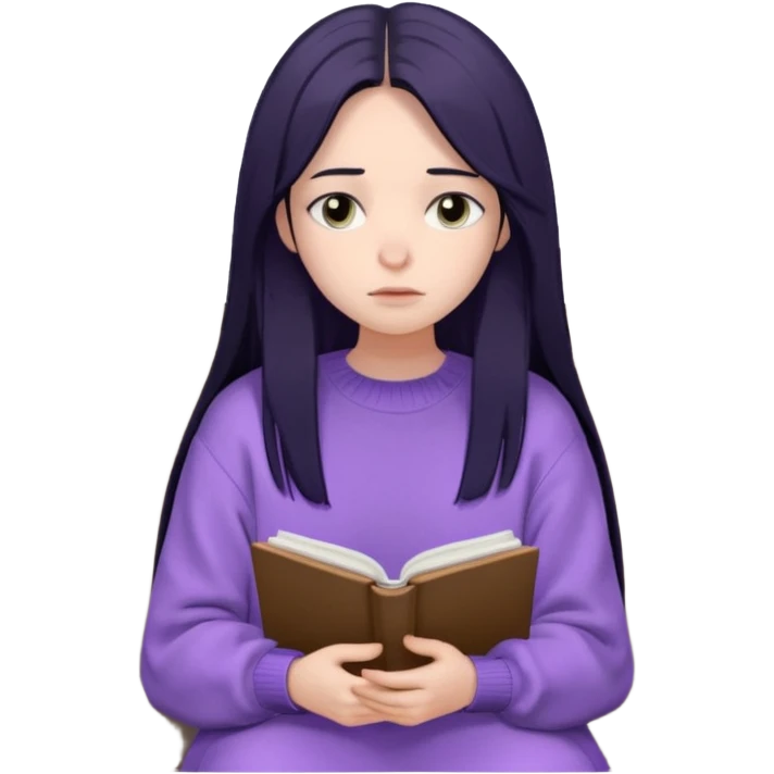 Maret – Cewe Overthinker/SENSITIF Kulit putih pucat lembut, rambut hitam panjang lurus agak messy, belah tengah. Pakai sweater lavender terang oversized. Duduk, pegang jurnal & pulpen, tatapan kosong mikir. emoji