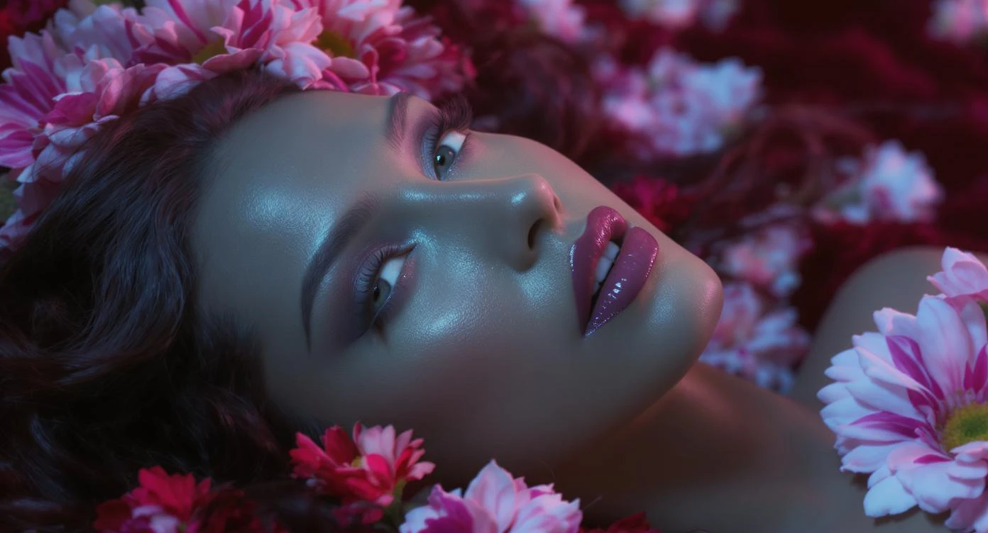 Camera drom top, Motion blur Extreme Closeup photo of a beautifull woman lay around beautifull colorfull flowers, cinematic light, 8K, very detailed, sharp, depth  emoji