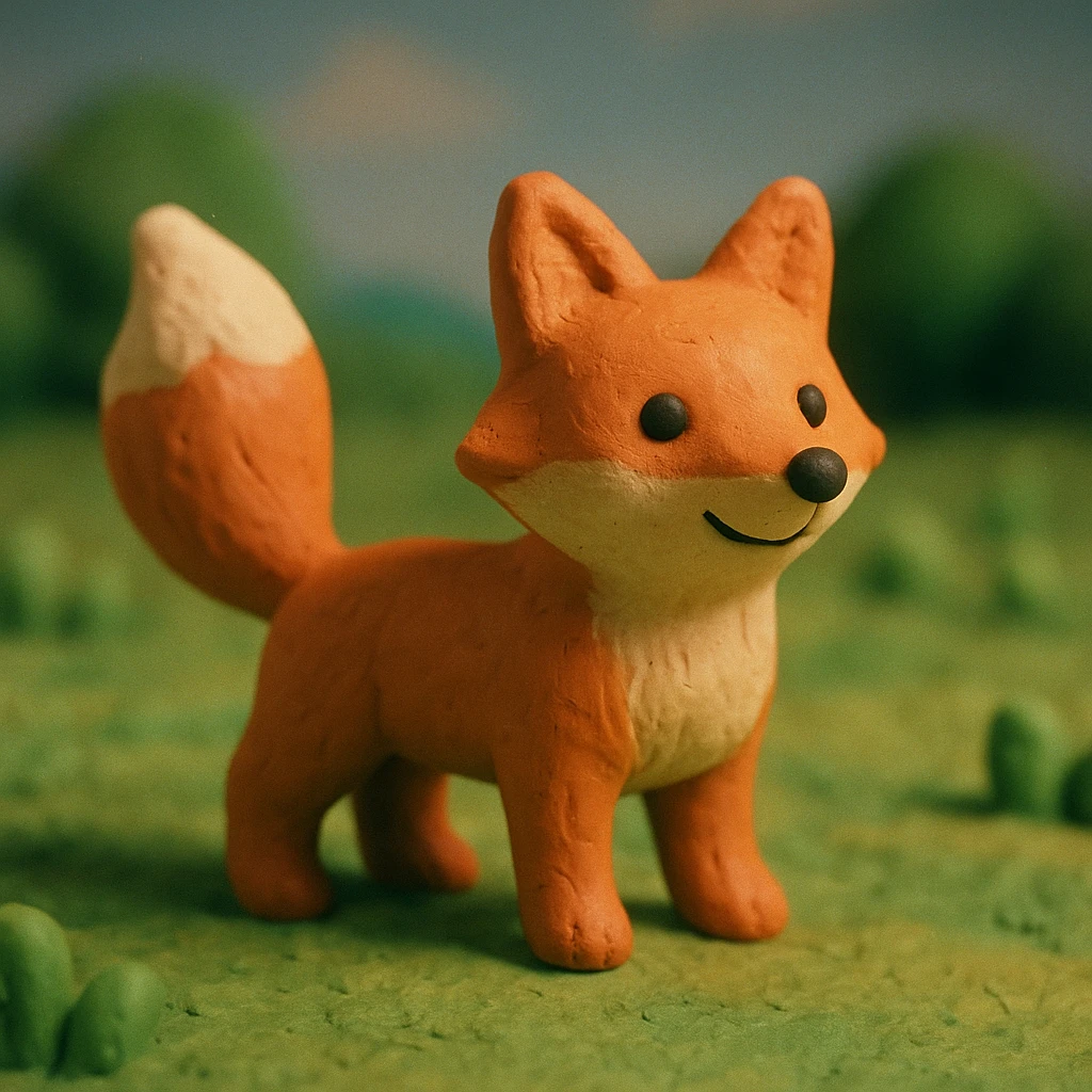 fox with a bushy tail, standing alert, cheerful and cute, in a grassy meadow, claymation style emoji