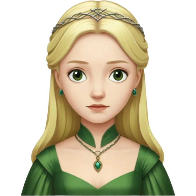 Elizabeth Woodville is the queen of York and looks like a blonde Rebecca Ferguson. She is wearing a green dress and looks like a Game of Thrones Character emoji