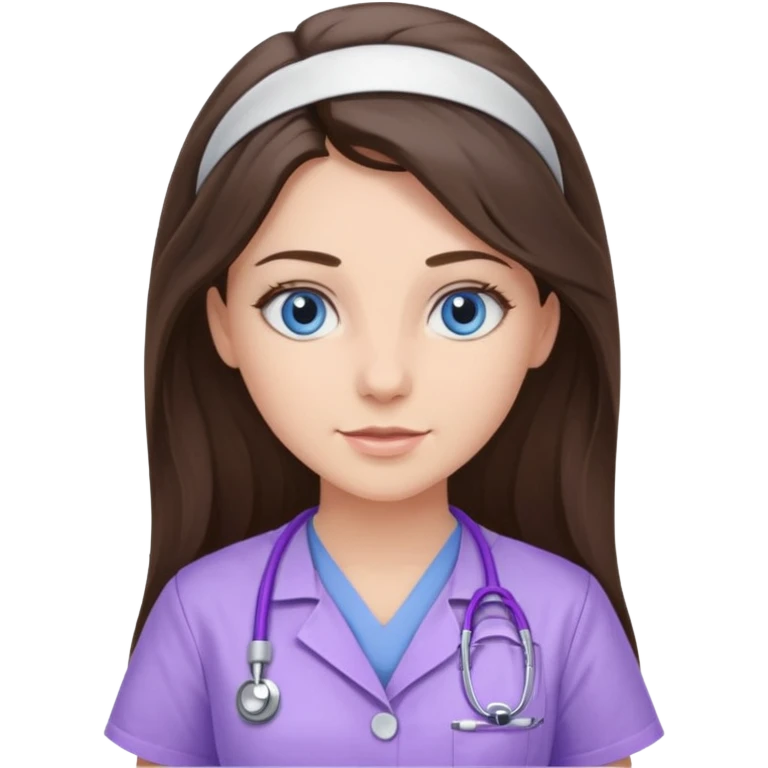 pretty brunette nurse with long hair and blue eyes in lilac scrubs emoji