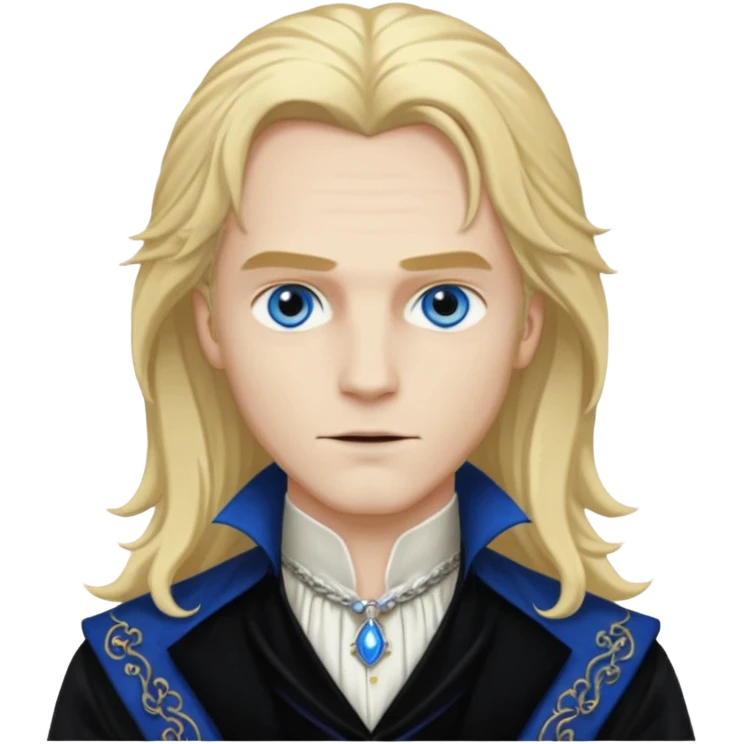 Lestat de Lioncourt with white skin, blue eyes , long blonde hair, black outfit emoji