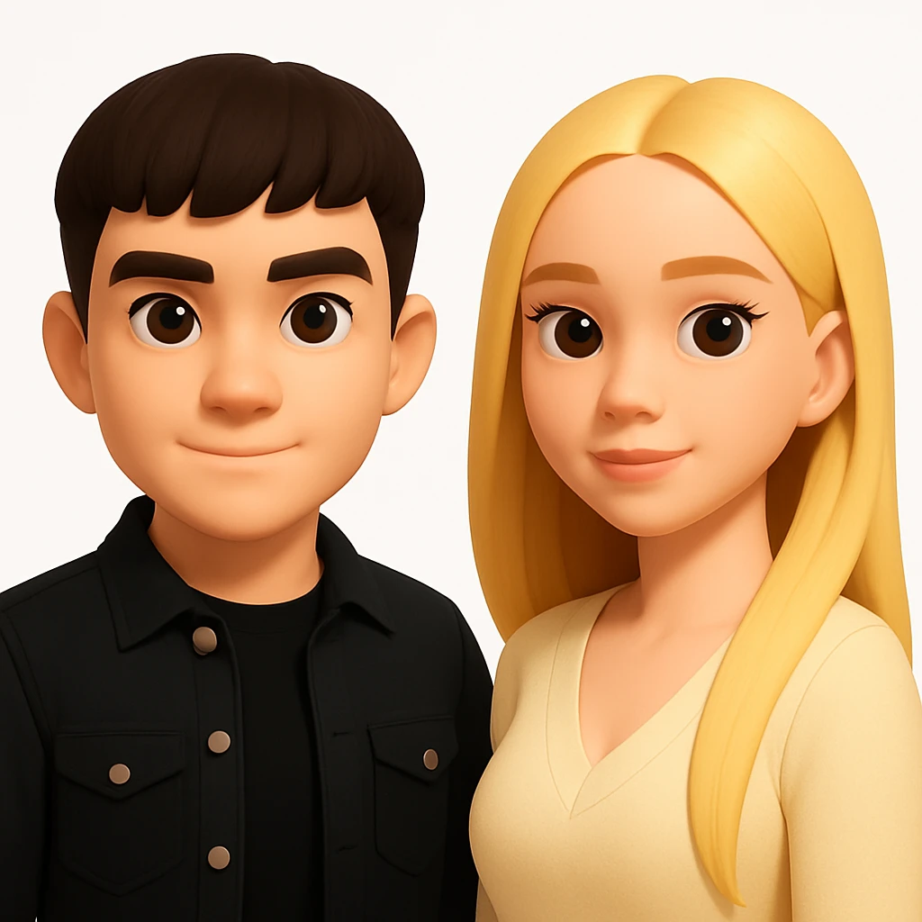 Slightly increase the volume of the upper body of the girl, separate the girl and the boy from each other, make the skin color the same for both characters, keep the cartoon style, white background. emoji