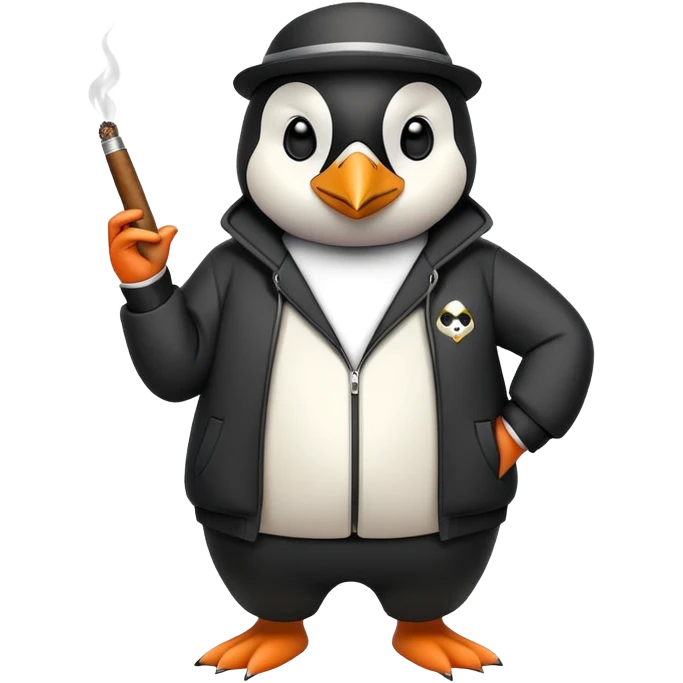 friendly anthropomorphised penguin wearing a mafia-style tracksuit, holding a cigar, secretive scheming pose, soprano vibe emoji