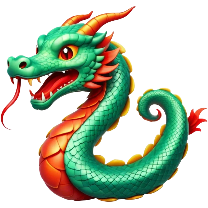 Cinematic Comical Chinese Serpent Dragon Portrait Emoji, Head tilted dramatically with an exaggeratedly amused expression, featuring a sleek, serpentine form adorned in luminous jade and vermilion scales interlaced with playful cloud and water accents; rendered with vibrant, lifelike textures and dynamic natural shadows, high shine, playful yet wise, styled with an air of cheeky ancient mystique, soft glowing outline, capturing the essence of a spirited and humorously enigmatic celestial dragon that looks ready to spiral into legendary lore! emoji