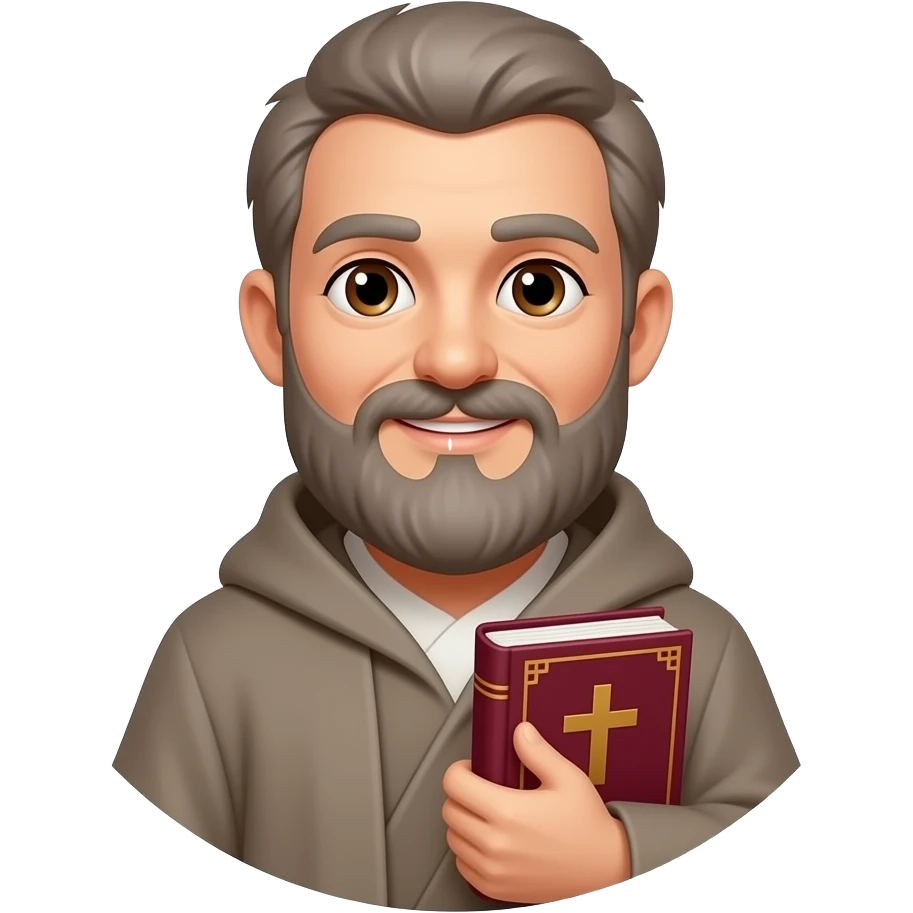 wise old man with grey brown hair robe slight smile brown eyes beard with burgundy book that has a cross on it no circle emoji