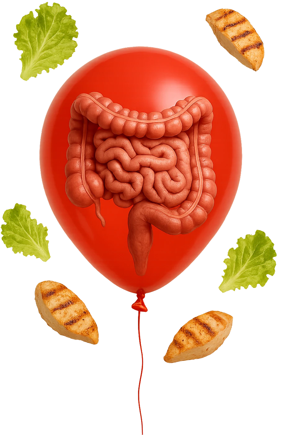 intestino anatomico realistico chiuso in un palloncino rosso e foglie di insalata e petto di pollo grigliato che fluttuano intorno emoji