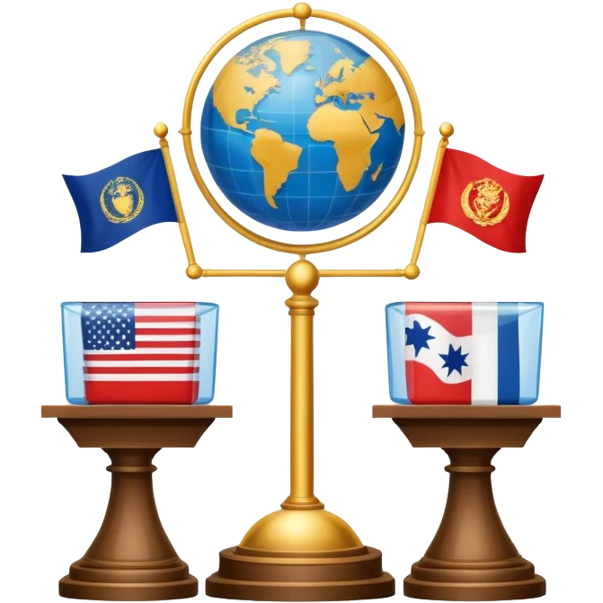 An icon featuring a podium with a speaker, national flags, and voting ballots, symbolizing political science. The design includes a globe and scales of justice in the background, representing governance, global affairs, and political theory. Transparent background emphasizes civic engagement emoji
