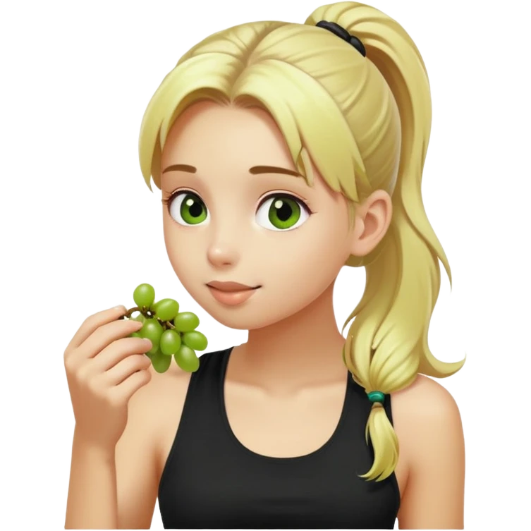 A blonde girl with a ponytail and a black tank top eating green grapes emoji