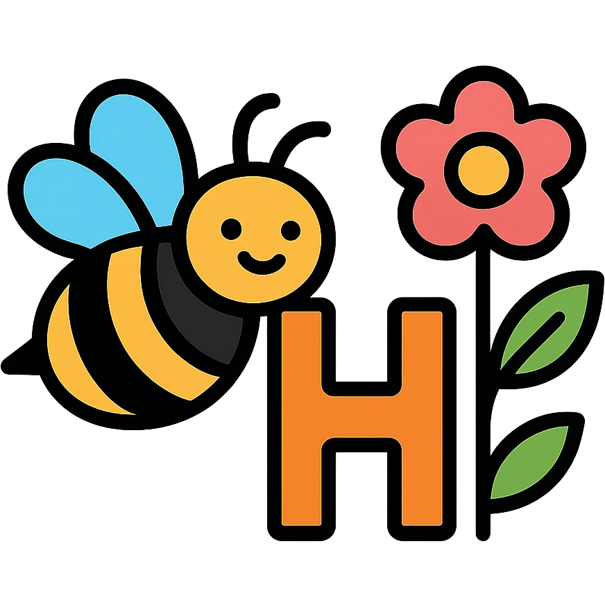 cartoonish bumblebee with the letter H and a flower emoji
