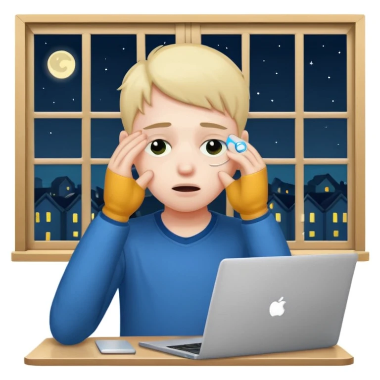 tired student with laptop, window at night behind, rubbing eyes with one hand emoji